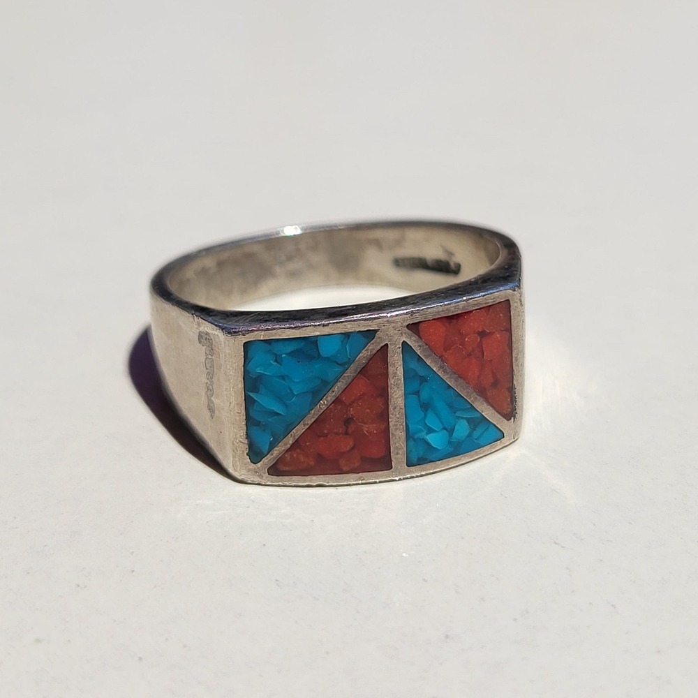 Sterling Silver Vintage Turquoise Coral Inlay Geometric Signet Ring Size 9.25